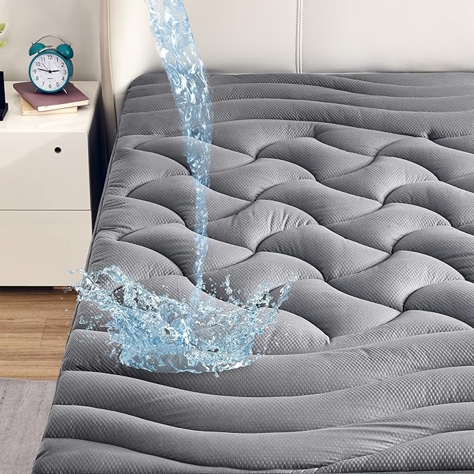 SLEEP ZONE Extra Thick Cooling Mattress Pad California King, Breathable Waterproof Mattress Pad Cover, 72 x 84 Inches (Grey, Cal King)