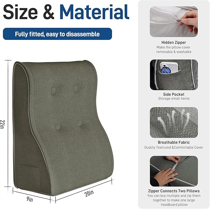 Daneey Reading Pillows for Sitting in Bed Adult Back Pillow, Back Support Pillow for Sofa, Foam Wedge Pillow for Neck, Lumbar, Back, Gray, 20 * 9 * 22IN