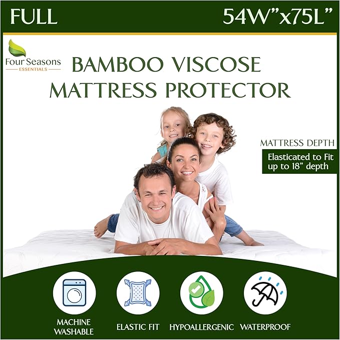 Four Seasons Essentials Full Size Waterproof Mattress Protector - Cooling Viscose derived from Bamboo Fitted Sheet Mattress Cover - Quilted Jacquard Pad Protects from Dust Allergens