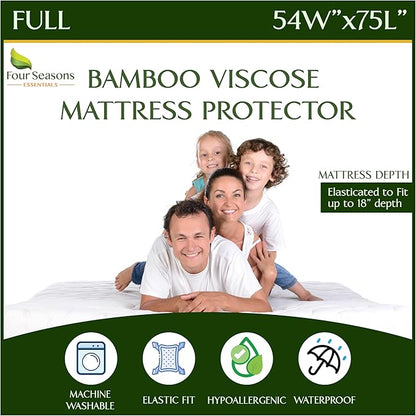 Four Seasons Essentials Full Size Waterproof Mattress Protector - Cooling Viscose derived from Bamboo Fitted Sheet Mattress Cover - Quilted Jacquard Pad Protects from Dust Allergens