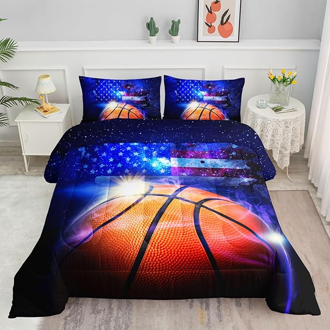 3D Basketball Comforter Set American Flag Printed Bedding Set with 1 Comforter and 2 Pillowcases for Boys and Girls Bedroom All Season(Basketball Queen)