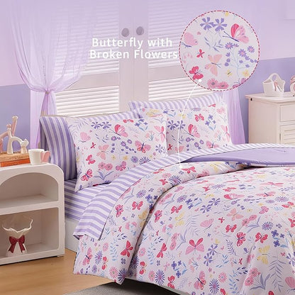 Full Size Comforter Sets for Girls, Butterfly Botanical Flowers Bedding Set, All Season Kids Bed in a Bag 7 Pieces with Sheets, Pillowcases & Shams