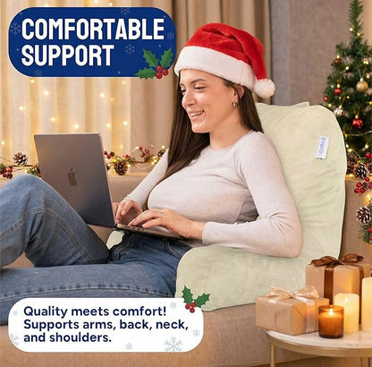 ComfortSpa Reading Pillow for Bed Adult Size, Back Rest Pillow with Arms, Pockets and Washable Cover; Use as a Back Pillow for Sitting in Bed for Bedrest or Relief from GERD Heartburn (Large Cream)