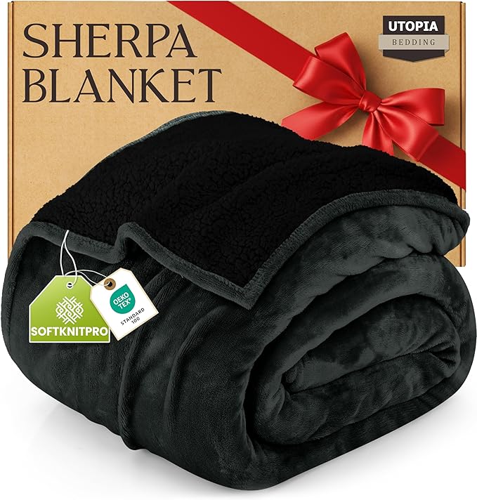 Utopia Bedding Sherpa Blanket Twin Size (Black, 90x66 Inches) - Soft Lightweight Plush Fleece Reversible Blanket for Bed, Sofa, Couch, Camping and Travel