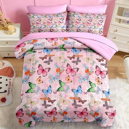 Nesker 7 Pcs Comforter Set Full Size, Colorful Butterfly Bedding for Kids Teen, Cute Butterflies with Fitted Sheet 2 Pillowcases & 2 Shams for Bedroom Bed Decor