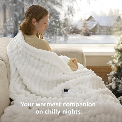 Bedsure Heated Blanket Electric Throw - Thick Striped Flannel Electric Blanket, Heating with 4 Time Settings, 6 Heat Settings, and 3-Hour Timer Auto Shut Off, Gift for Grandma (50x60 inches, White)