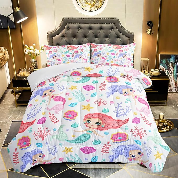 Mermaid Comforter Set Queen Size Fairy Tale Sea Shell Grass Bedding Set Starfish Quilt Bed Set for Kid Girls with 1 Comforter and 2 Pillowcases