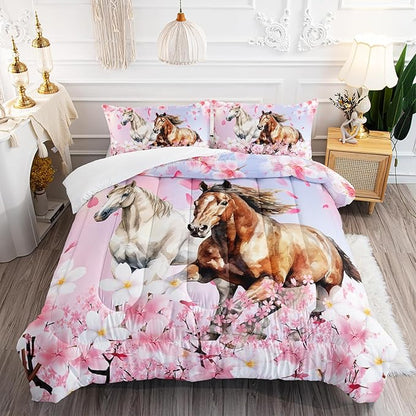 Kid Horse Comforter Set Twin Room Floral Animal Theme Handsome Horse Chic Cherry Blossom Bedding Set 3D Wild Animal Decor Quilt Set for Girls Adult, 1 Comforter + 2 Pillowcases