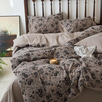 BuLuTu Vintage Muslin Duvet Cover Set King, 100% Cotton Gauze Comforter Cover Chic Floral Quilt Cover with 2 Pillowcases, 104"x90", Soft Breathable Bedding Set, Zipper & Corner Ties