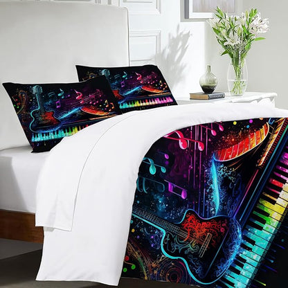 Music Guitar Piano Theme 3 Pieces Duvet Cover Comforter Set with 2 Pillowcase Full Size Musical Instrument Bed Sheet Quilt Bedroom Bedding for Lover Kids