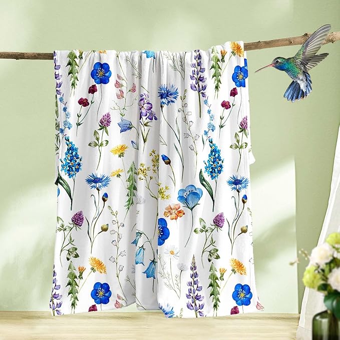 Floral Throw Blanket Birthday for Mom Women Blue Watercolor Flowers Blanket Soft Fuzzy Flannel Bed Blanket Plush Floral Throw for Couch Sofa Bed Chair 60"x80"
