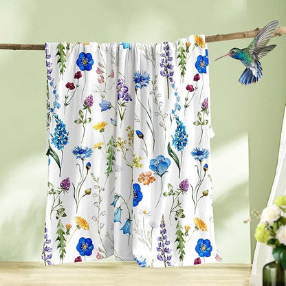 Floral Throw Blanket Birthday for Mom Women Blue Watercolor Flowers Blanket Soft Fuzzy Flannel Bed Blanket Plush Floral Throw for Couch Sofa Bed Chair 60"x80"