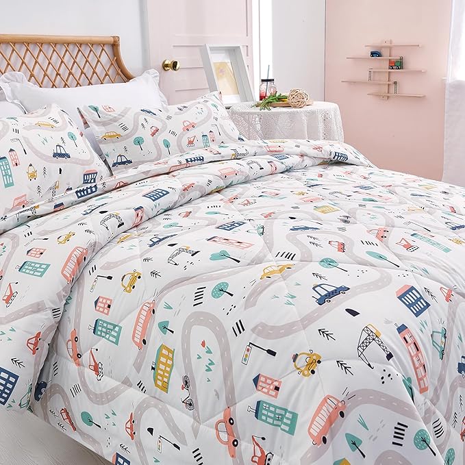 JSD Car Kids Comforter Set Queen Size, 3 Piece Microfiber Comforter with Pillow Sham, Machine Washable