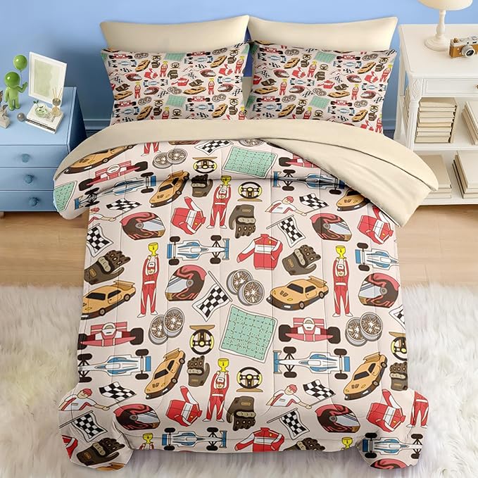 Comforter Set Queen Size, Racing Car Competition 7 Pcs Bedding for Kids and Adults, Race Game Cute Wheel Bed Sheet Sets with Fitted Sheet 2 Pillowcases & 2 Shams for Bedroom Bed Decor