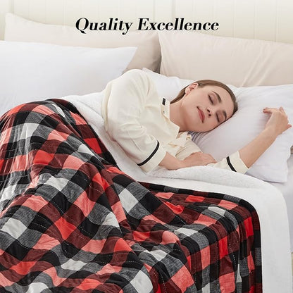 Westinghouse Full Size Heated Blanket Electric Blanket, Flannel & Sherpa Heating Blanket with10 Heating Levels & 1 to 12 Hours Heating Time Settings, Fast Heating Blanket Red Plaid, 72x84 Inches