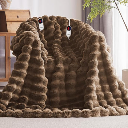 Heated Blanket King Size with 1/2/4/6/8 Hours Auto-Off 10 Heat Level, 90'' * 100'' Cozy Faux Rabbit Fur Bubble Electric Blanket with Overheat Protection(Brown)