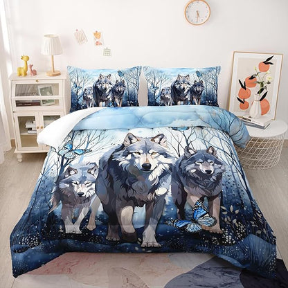 Watercolor Wolf Bedding Comforter Set Queen Size for Kids Teens and Adults Wild Animals Bedroom 100% Soft Microfiber All Season Print Quilt Set with 1 Comforter and 2 Pillowcases