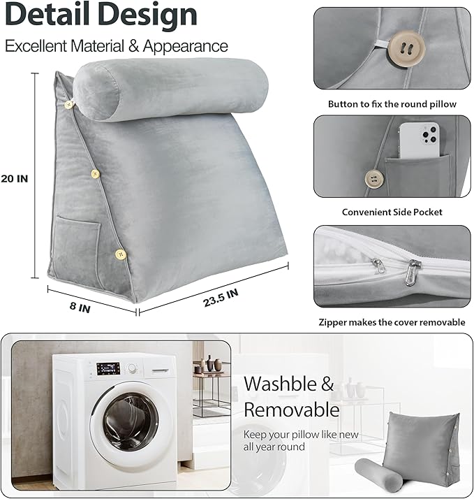 Daneey Reading Pillow for Bed Adult, Back Pillow for Bed Sitting Up, Back Support Pillow, Gray, Velvet 23.5 * 8 * 20IN