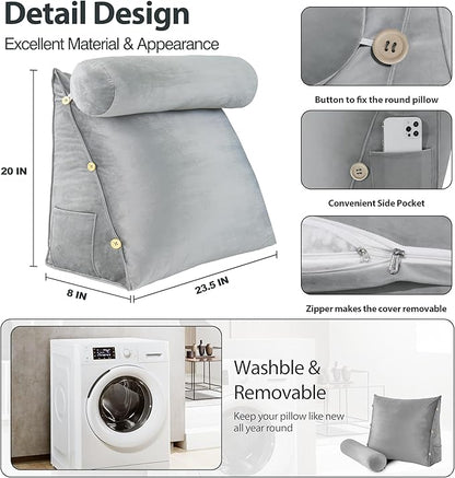 Daneey Reading Pillow for Bed Adult, Back Pillow for Bed Sitting Up, Back Support Pillow, Gray, Velvet 23.5 * 8 * 20IN
