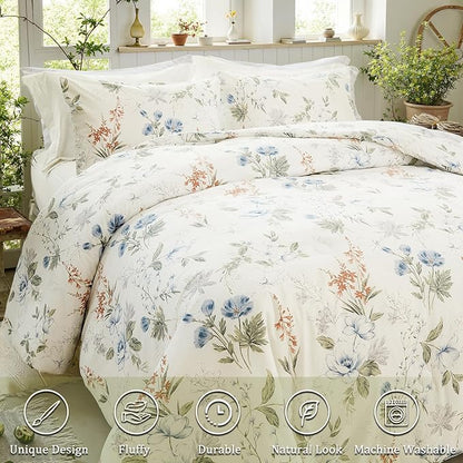 Floral Duvet Cover Twin Size 100% Cotton Reversible Duvet Cover Set with Zipper Closure 2 Pieces Soft & Breathable Green Garden Floral Comforter Cover Sets