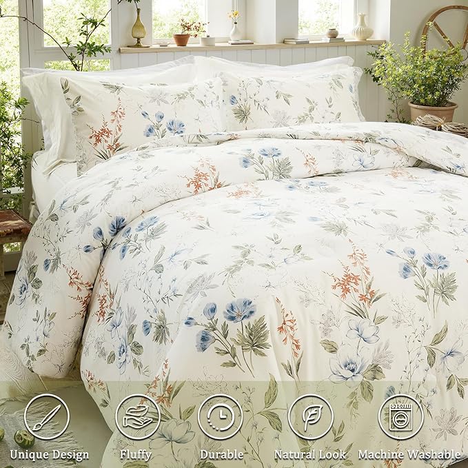 Floral Duvet Cover Queen Size 100% Cotton Reversible Duvet Cover Set with Zipper Closure 3 Pieces Soft & Breathable Green Garden Floral Comforter Cover Sets