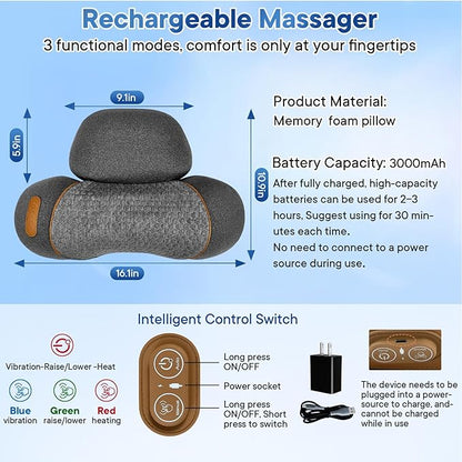Neck Massager Pillow, 3-in-1 Neck Massager, Traction Massage with Heat, Neck Pillow for Shoulder Pain, Deep Tissue Pain Relief,Rechargeable Pillow，Ideal Gift for Parents