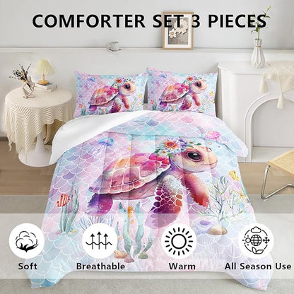 Axolotl Turtle Bedding Set King for Kids Boys,Colorful Underwater World Comforter Set for Girls Teens,Ocean Sealife Comforter with Jellyfish,Colorful Fish Scales Print Bedding,1 Quilt 2 Pillowcases