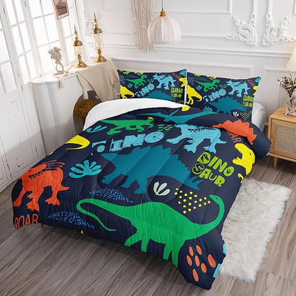 Axolotl Boys Cartoon Dinosaur Comforter Bedding Set,Cute Dinosaur Bedding Set for Boys Girls,Colorful Dino Animal Kids Comforter for Teens Kids Adults All Season,1 Quilt 2 Pillow Cases King Size