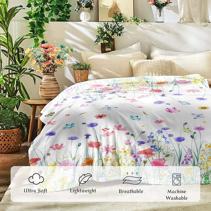 Floral Throw Blanket Birthday Gift for Women Mom Girls Butterfly Flowers Blanket Summer Wildflower Flannel Blanket Watercolor Printed Throw for Couch Sofa Bed Chair 60"x80"