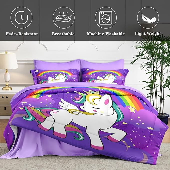 Twin Size Comforter Set with Pillowcase & Sham, Cute Unicorn Purple Space 5 Pcs Bedding for Kids and Teens, Animal Rainbow Horse Bed in a Bag with Flat Fitted Sheet