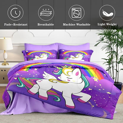 Queen Size Comforter Set with 2 Pillowcases & 2 Shams, Cute Unicorn Purple Space 7 Pcs Bedding for Kids and Teens, Animal Rainbow Horse Bed in a Bag with Flat Fitted Sheet