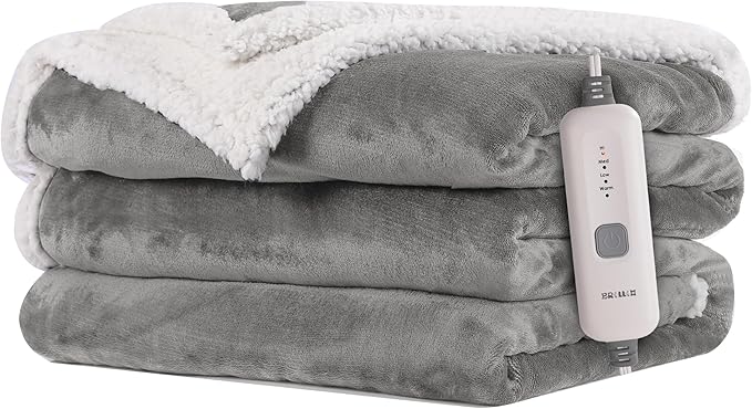 Electric Heated Blanket Flannel & Sherpa 62"x84" Twin Size - 4 Heat Levels 10H Auto Shut Off Fast Heating Cozy and Comfortable Warm Gifts, Machine Washable - Light Gray