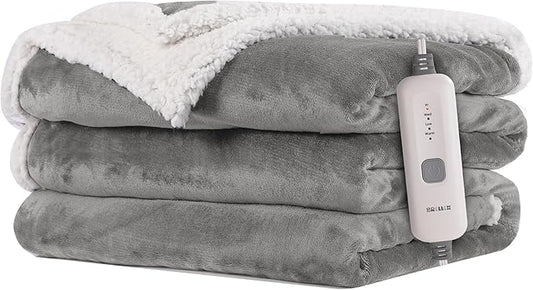 Electric Heated Blanket Flannel & Sherpa 62"x84" Twin Size - 4 Heat Levels 10H Auto Shut Off Fast Heating Cozy and Comfortable Warm Gifts, Machine Washable - Light Gray