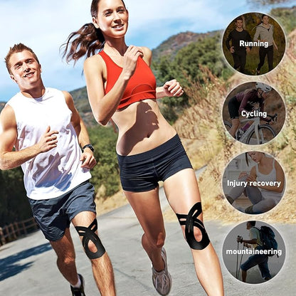 PreCut Kinesiology Tape for Knees, 24 PCS Waterproof KTQUICK Knee Tape for Knee Pain Relief Pre Cut, Original Cotton Athletic Knee Tape, Waterproof & Hypoallergenic Latex-Free for Sports (Black)