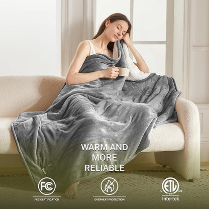 Heat Blanket 62”x84” Twin Size,Soft Flannel & Sherpa Reversible Electric Blanket with 10 Heat Settings,12 Timer Setting and 8 Hours Auto-Shut Off,ETL Certified Machine Washable,Light Grey