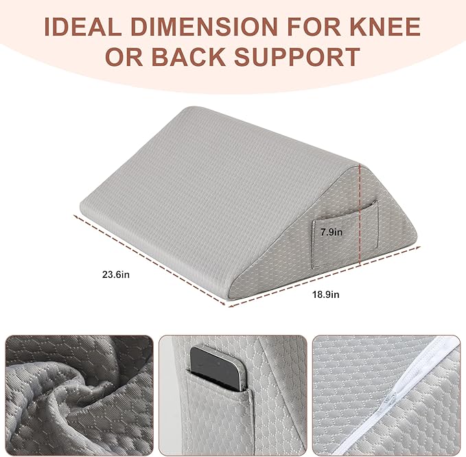 Bedluxe Knee Wedge Pillow, Memory Foam Leg Pillow Knee Pillow for Back Sleeping, Wedge Pillows for Legs Post Surgery, Triangle Pillow for Knee Support, Leg Elevation, Knees Hip Back Pain Relief, Grey
