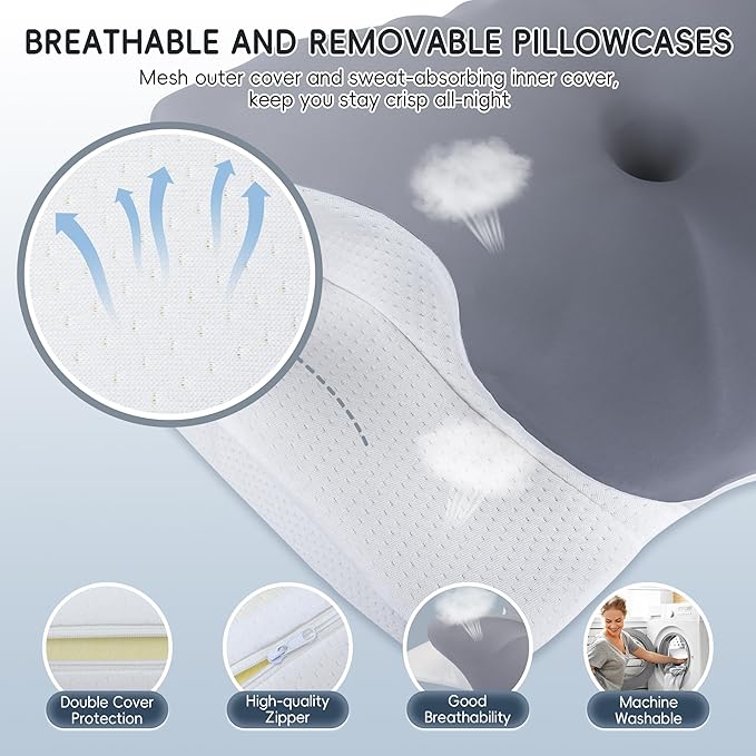 Cervical Neck Pillow, Ergonomic Side Sleeper Pillow for Pain Relief, Cooling Pillow for Sleeping, Neck and Shoulder, Contour Orthopedic Memory Foam Pillows for Back Stomach Sleepers Grey White