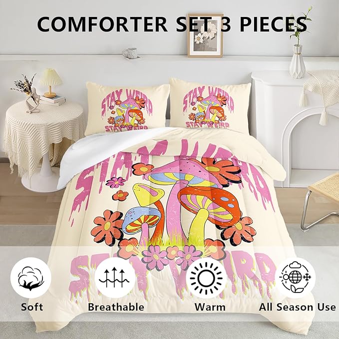 Axolotl Cartoon Mushroom Comforter Set King,Colorful Mushrooms Girls Bedding Set,3 Piece Cute Mushroom Bedding,Red Pink Floral Flower Comforter for Kids Boys Girls Teens,1 Quilt 2 Pillowcases