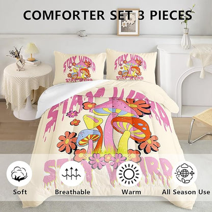 Axolotl Cartoon Mushroom Comforter Set King,Colorful Mushrooms Girls Bedding Set,3 Piece Cute Mushroom Bedding,Red Pink Floral Flower Comforter for Kids Boys Girls Teens,1 Quilt 2 Pillowcases