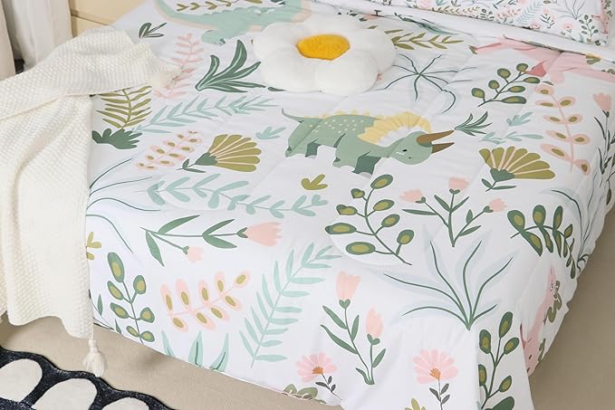 Castle Fairy Cute Dino Kids Comforter Set Twin Size,Kawaii Pink Green Dinosaur Bedding Set for Kids Boys Men,Cartoon Wildlife Floral Leaves Plant Quilted Duvet Set with 1 Pillowcase
