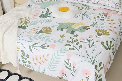 Castle Fairy Cute Dino Kids Full Size Comforter Set,Kawaii Pink Green Dinosaur Bedding Comforters Bedroom Collection,Cartoon Wildlife Floral Leaves Plant Bedding Set for Girls Teens