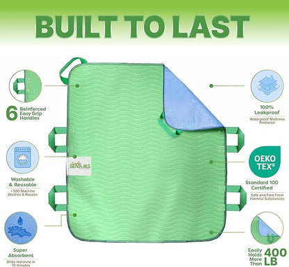 Absorbent Positioning Bed Pads for Elderly with 6 Handles 34"x36"- Washable Waterproof Incontinence Draw Sheets - Reusable Bed Mobility Under Pads for Seniors Disabled & Bedridden Patients-Fast-Drying