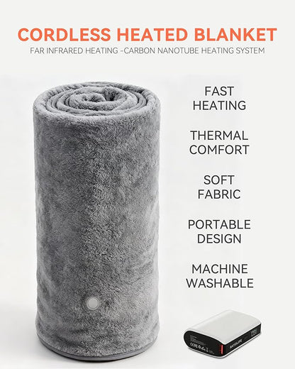 Cordless Heated Blanket, Battery Operated Portable Heated Throw with Rechargeable Battery Pack, Ultra-Soft Faux Rabbit Fur for Couch, Office, Camping & Travel