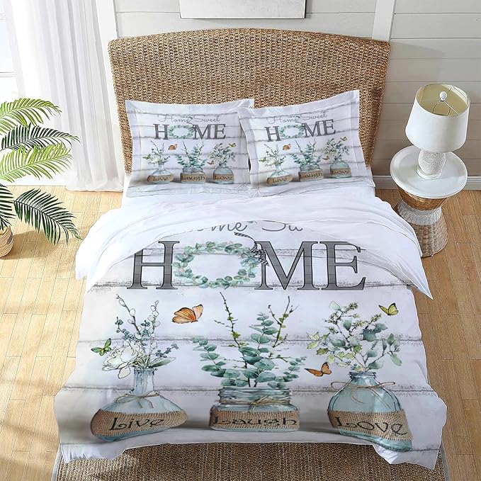 Eucalyptus Botanical Theme 3 Pieces Duvet Cover Comforter Set with 2 Pillowcase Queen Size Greenery Leaf Bed Sheet Quilt Bedroom Bedding for Lover Kids