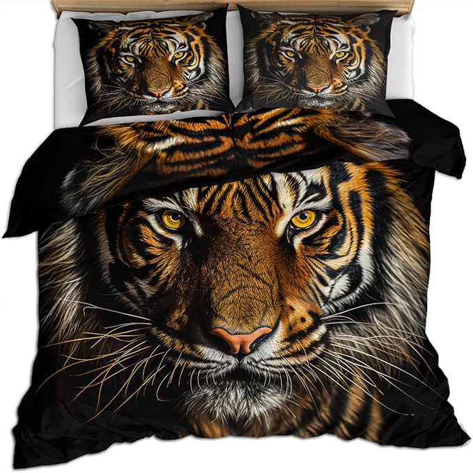 Americas Tiger Duvet Cover Queen Size, African Tiger Bedding Set 3 Piece Bedroom Decor Tropical Wild Animal Patterned Comforter Cover with Zipper Ties & 2 Pillowcases