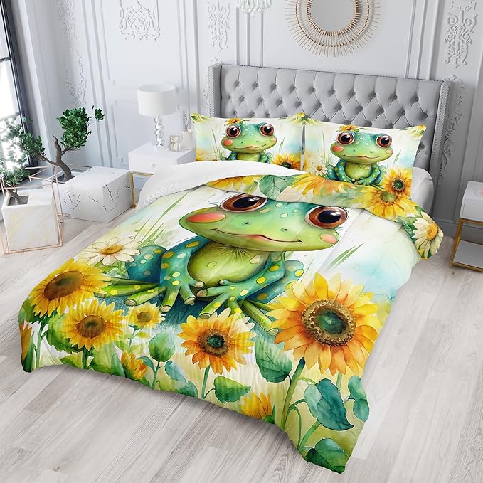 Cartoon Green Frog Bedding Set 3Pcs Yellow Sunflower Comforter Queen Colorful Floral Botanical Pattern Quilt Set for Kids Teens Girls Boys Bed Decor Set with 1 Comforter and 2 Pillowcases