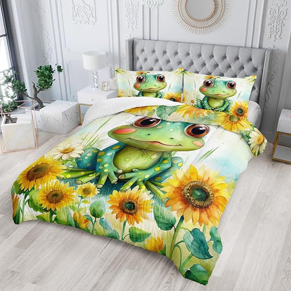 Cartoon Green Frog Bedding Set 3Pcs Yellow Sunflower Comforter Full Colorful Floral Botanical Pattern Quilt Set for Kids Teens Girls Boys Bed Decor Set with 1 Comforter and 2 Pillowcases