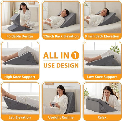 Bed Wedge Pillow for Sleeping, 9&12 Inch Adjustable Wedge Pillow Set for After Surgery, Triangle Pillow for Back Pain Relief, Leg Support, Acid Reflux, Gerd, Velvet