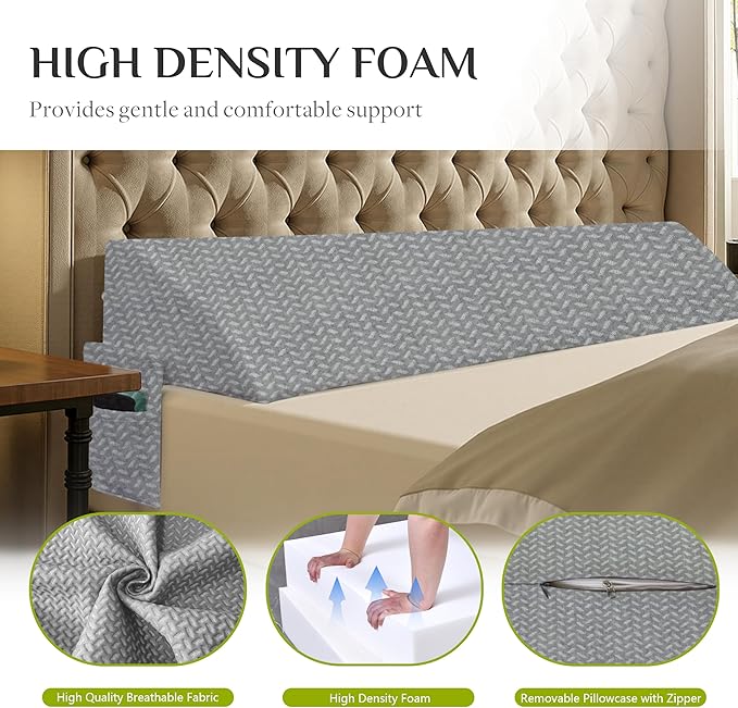 Bed Wedge Pillow Headboard Gap Filler, High-Density Foam Wedge Pillow for Bed, Comfortable & Supportive Angled Design, Fills 0-6" Gap Between Mattress and Headboard, Grey