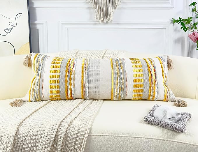 Chenille and Cotton Long Pillow for Bed,Striped Textured Boho Long Lumbar Throw Pillow Cover 16x36,Neutral Accent Decorative Extra Long Body Pillow Case for Couch Sofa Bedroom,Yellow-Grey